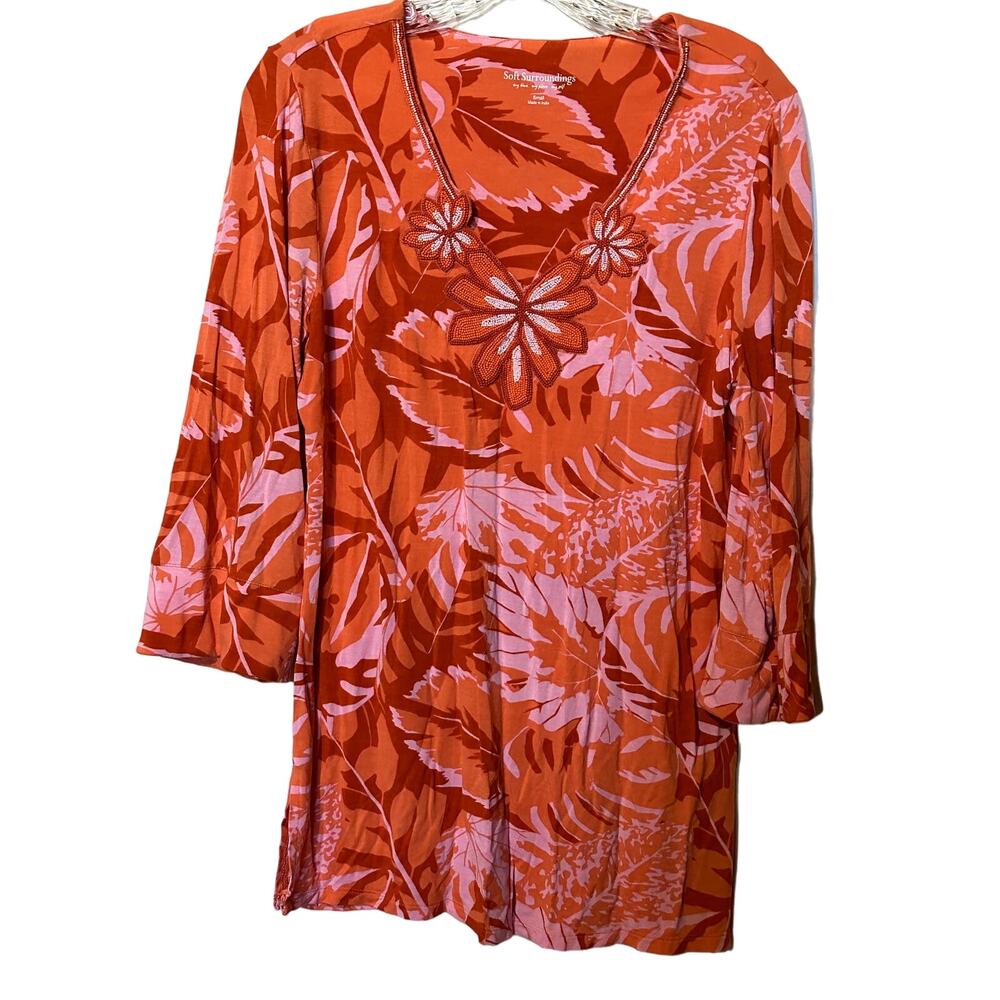 Soft Surrounding Pinks Oranges Palms Beaded Del Rio Shirt Tunic Sz Small
